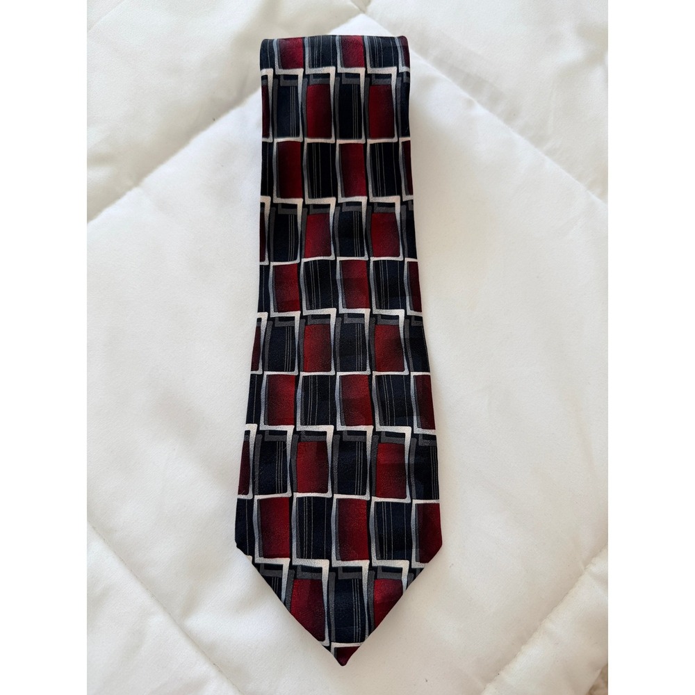 Fenzia Mens Silk Necktie Red Black Grey Geometric Abstract Hand Sewn Silk Tie